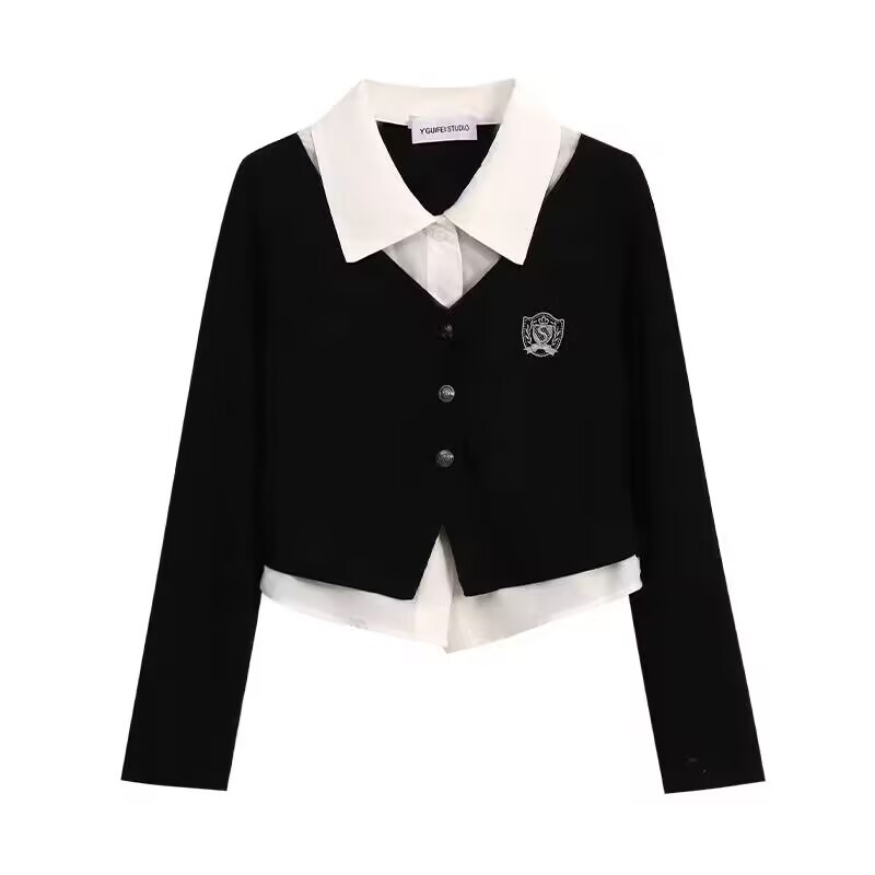 Atasan Lengan Panjang Kerah Polo Dua Potong Palsu Wanita Sweter Lengan Panjang