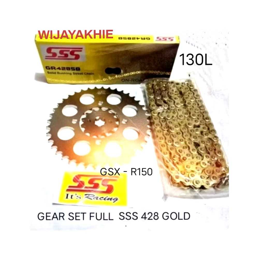 Gear Set FULL SSS 428 GSX-R150 + Rantai SSS 428 GOLD 130L + Pilihan Gir Depan SSS (13/14/15) Belakan