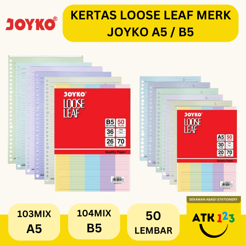 

JOYKO Loose Leaf Color Isi Kertas File Binder Warna Joyko B5 - 104MIX / A5 - 103MIX 50 Lbr 70 gsm