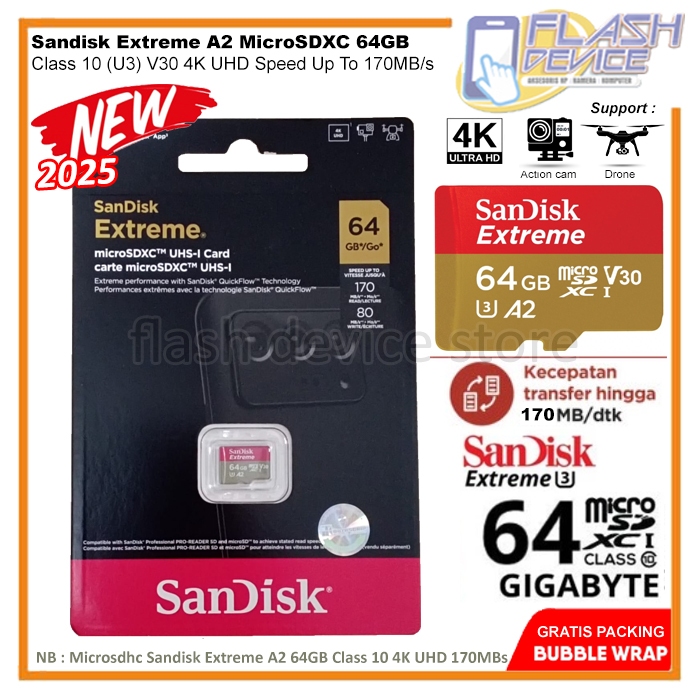 Memory Card Micro SD Sandisk Extreme A2 64GB Class 10 U3 V30 170MB/s 4K UHD for Drone / Action Cam /