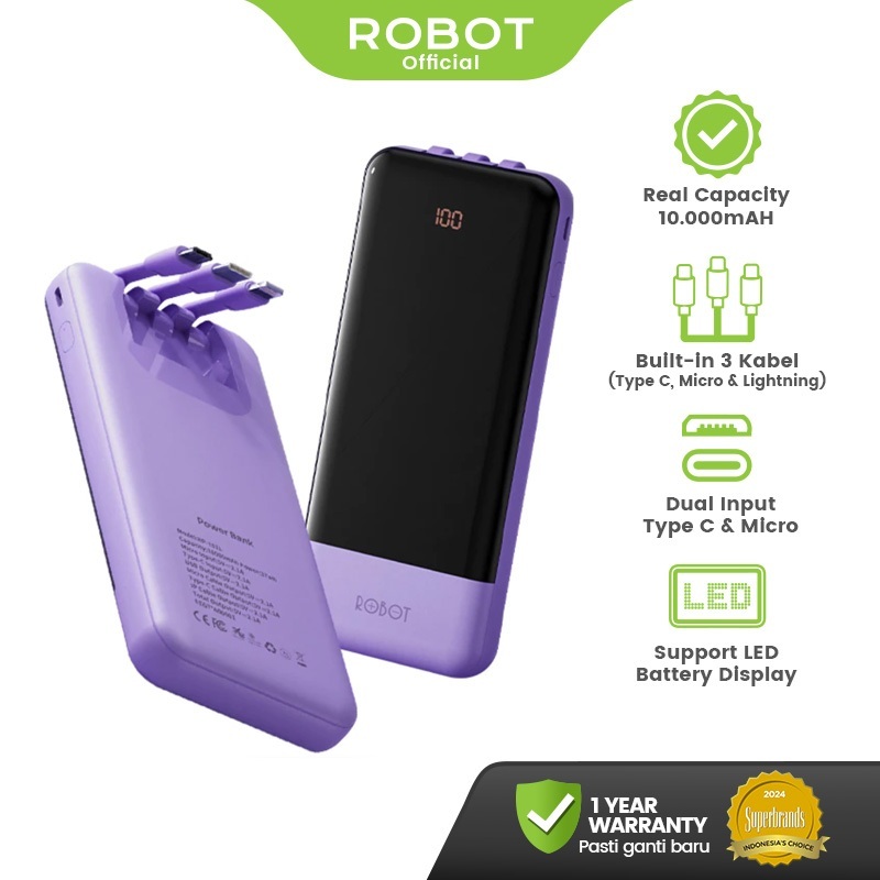 ROBOT Powerbank 10000mAH Dilengkapi 3 Kabel Built-in Type C Lightning Micro Tampilan Layar LED Origi