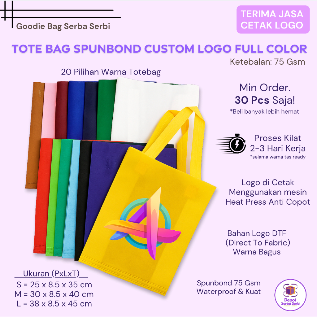 

Cetak Tote Bag Custom Logo DTF Full Color – Proses Kilat Mulai 30pcs Bahan Spunbond 75gsm Seminar