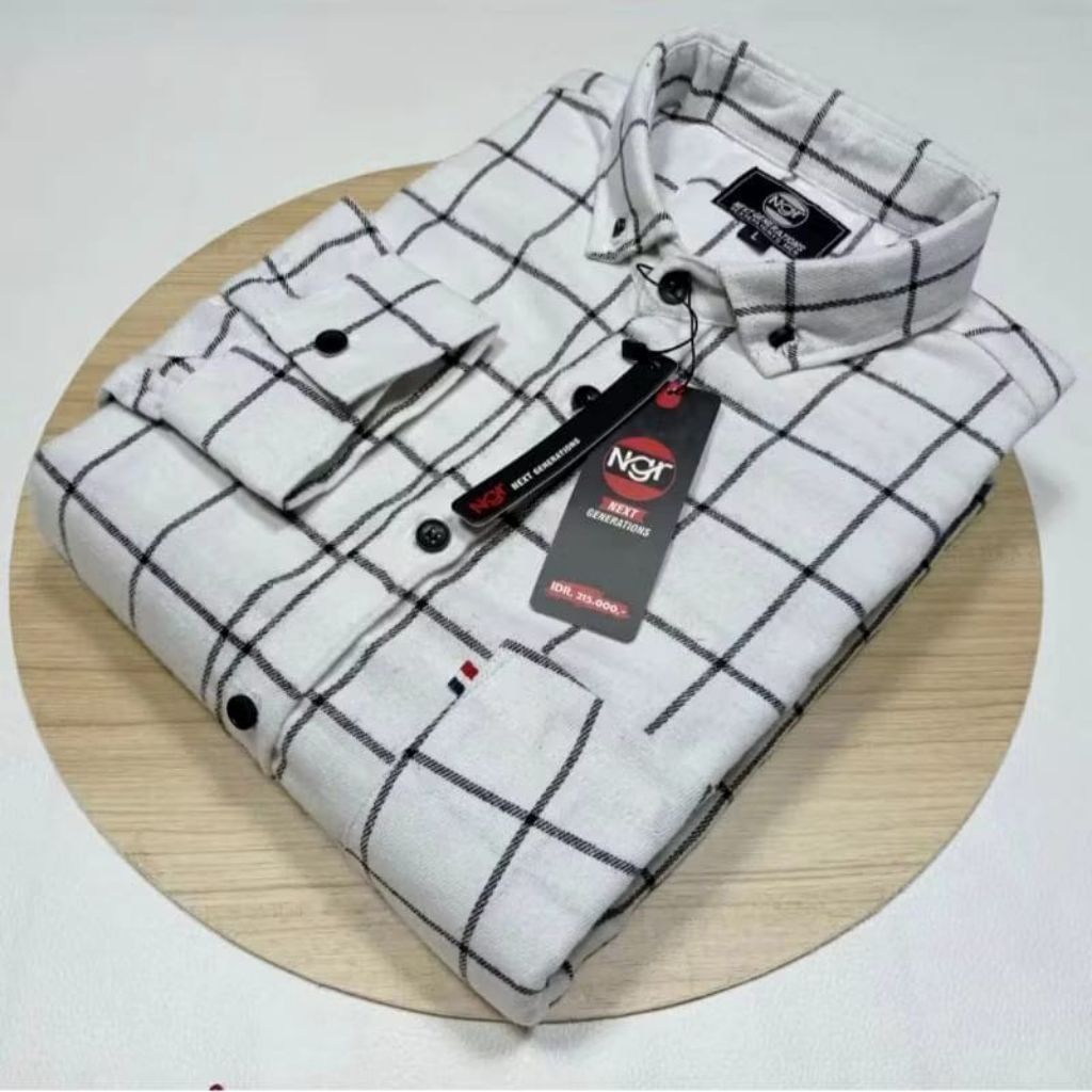 kemeja flanel motif kotak putih garis hitam m-l-xl-xxl-xxxl-xxxxl oversize jumbo lengan panjang