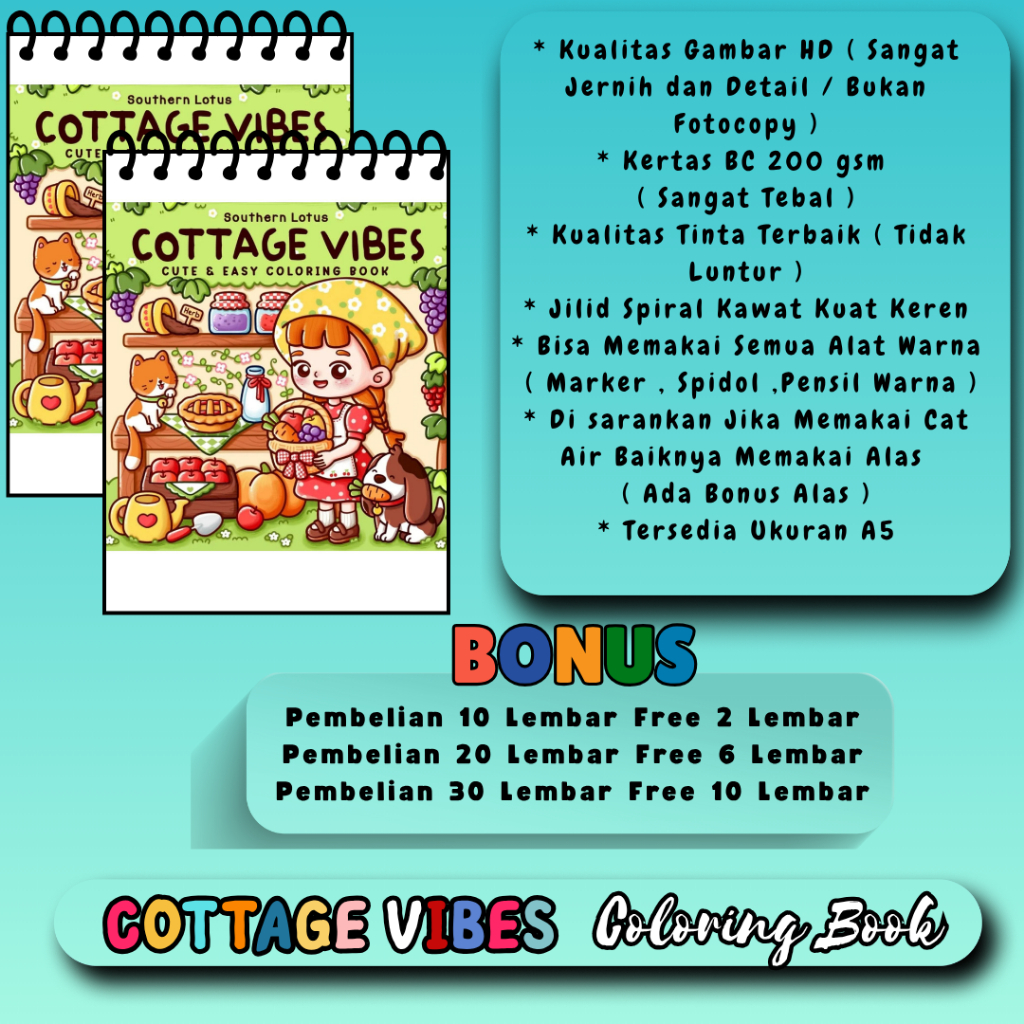 

COTTAGE VIBES Tema Buku Mewarnai Keren Gambar Bagus HD Jernih Coloring Book A5 A4 Kertas 200 gsm Premium Tebal Murah