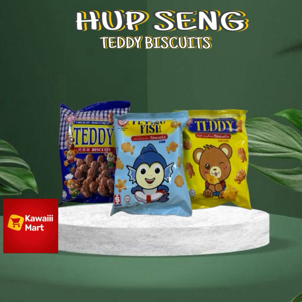 

Hup Seng Teddy Biscuits Chocolate Cheese Flying Fish cap ping pong 90 Gr Halal