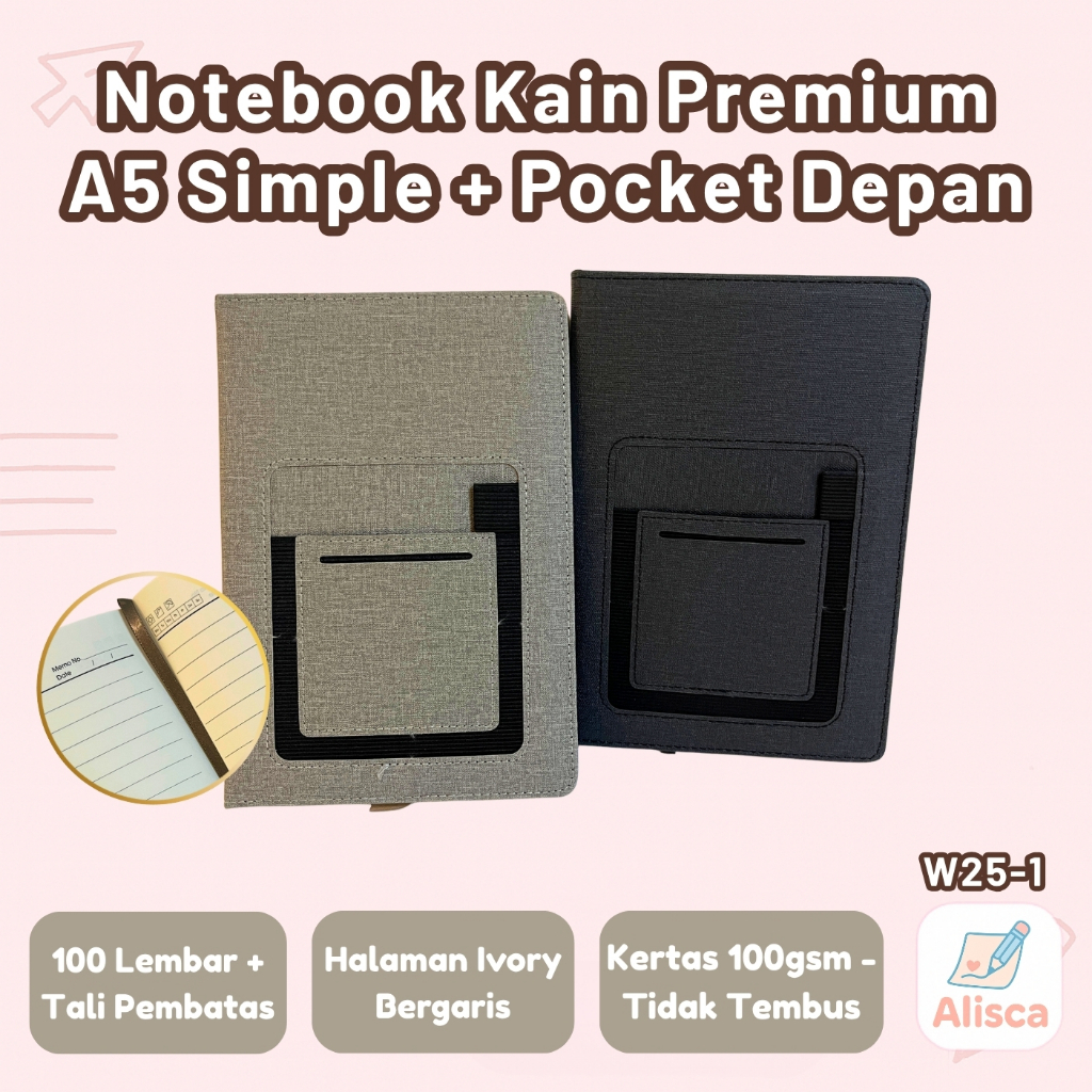 

Agenda Notebook Kain Dicai A5 100 Lembar Pocket Depan - Hardcover Elegan Hitam Abu W25-1 - Alisca