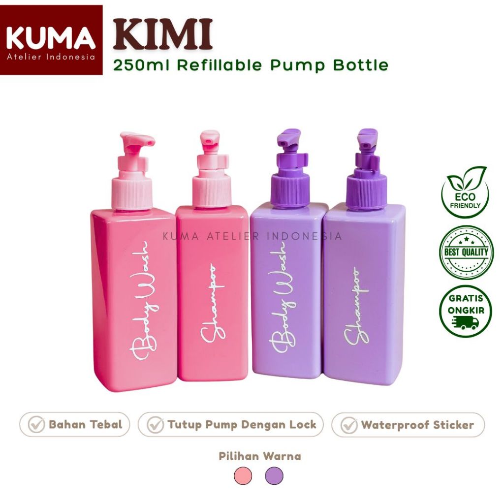 KUMA Kimi Botol Sabun Refill Pink 250ml Kotak Aesthetic Botol Sabun Mandi Shampoo Travel Aestetik
