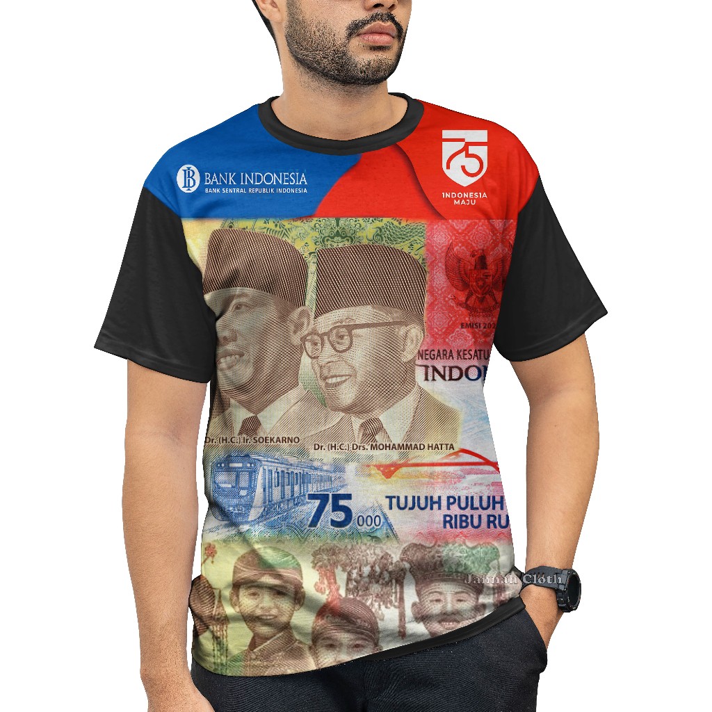 Kaos unik gambar uang 75 ribu semarak kemerdekaan HUT RI ke 75 Printing