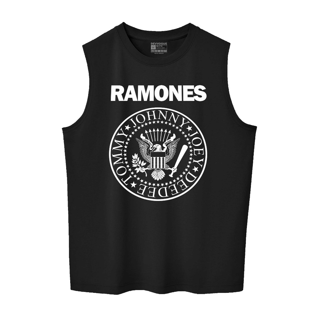 Devvogue Kaos singlet pria Ramones Logo Brand lekbong bahan Combed 24s