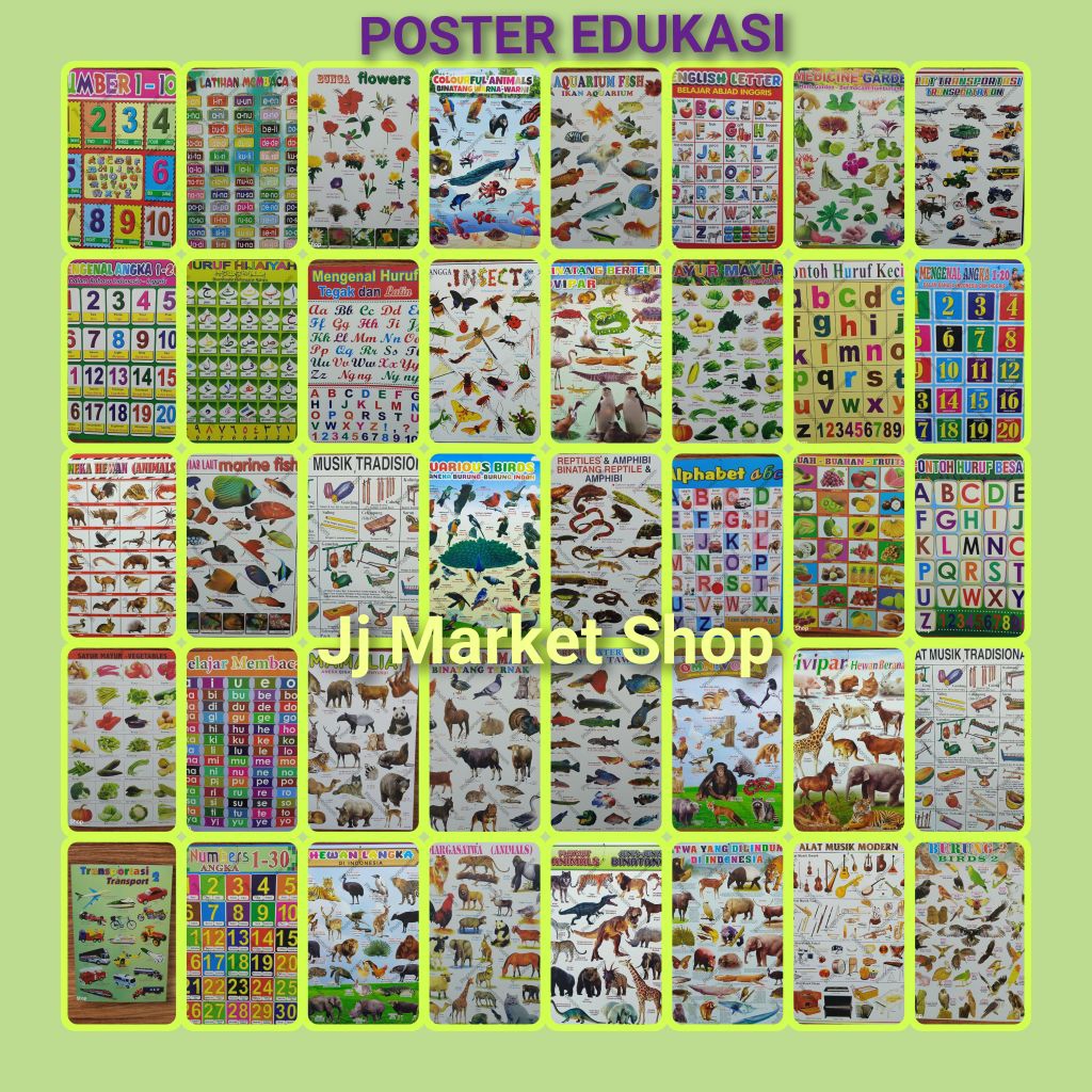 Poster Edukasi Anak Belajar Mengenal Huruf/Angka/Buah/Sayuran/Binatang/Transportasi Dan Belajar Memb