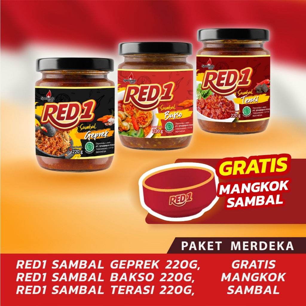 

Paket Merdeka Sambal Nusantara [RED1 Sambal Geprek 220gr, RED1 Sambal Bakso 220gr, RED1 Sambal Terasi 220gr] - Gratis Mangkok Sambal