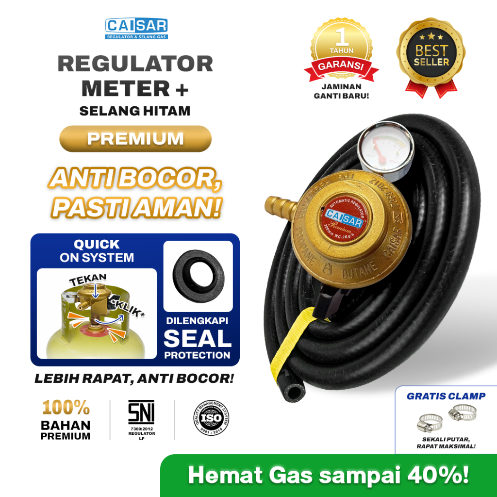 CAISAR - Paket Regulator Kompor Gas Meter Premium & Selang Regulator Gas Hitam Tebal Premium Anti Ti
