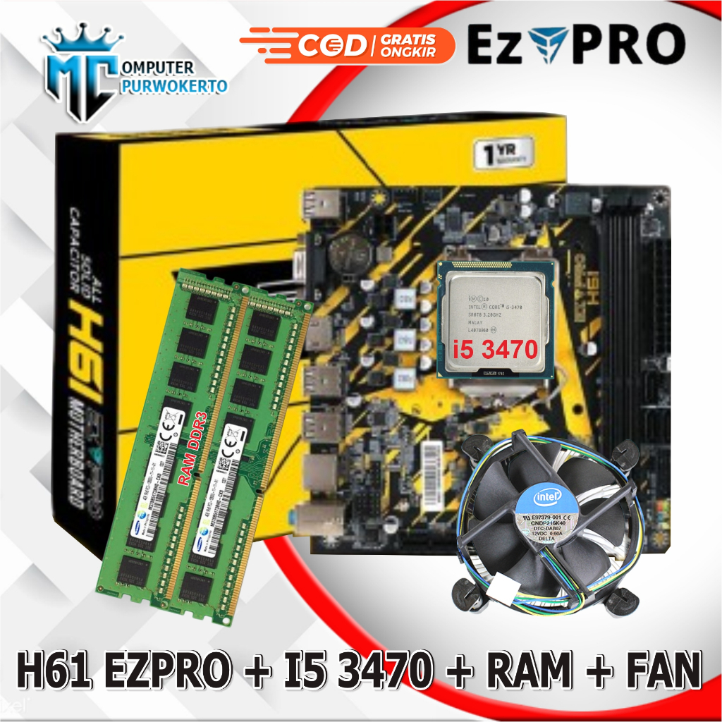 Paket Motherboard Mainboard Mobo H61 LGA 1155 New + Processor Intel Core i5 3470 / i5 3570 + RAM DDR