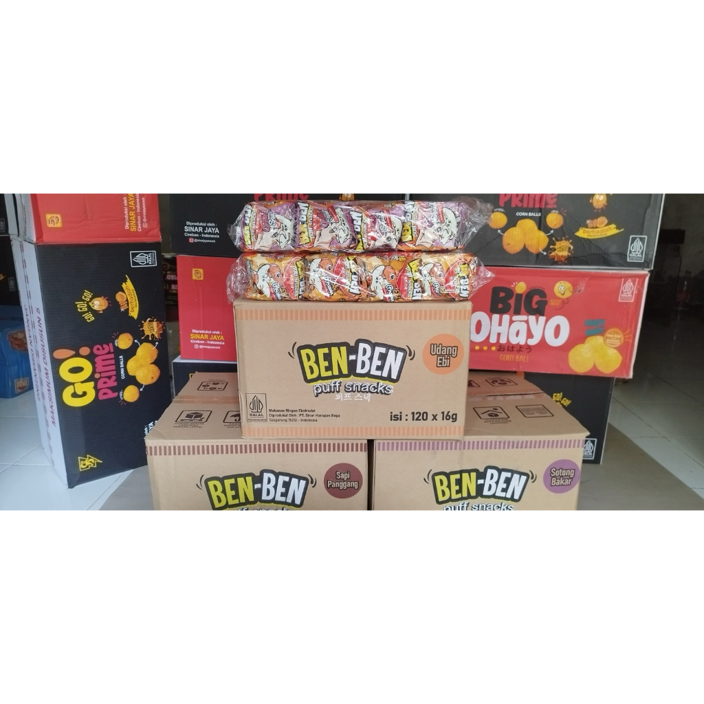 

Ben Ben Puff Snack 1 karton 6 bal @20 pcs (120 pcs)Udang Ebi Sapi Panggang Sotong Bakar