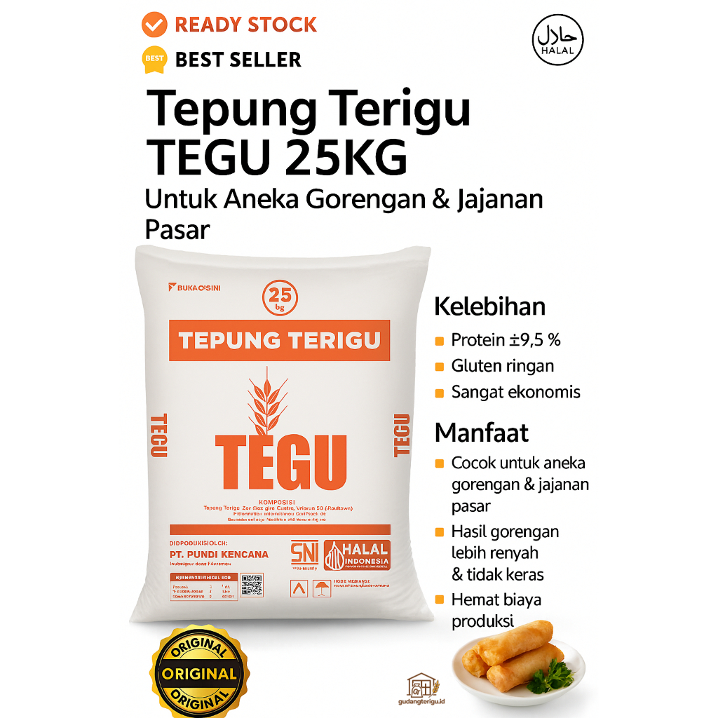 

Tepung Terigu TEGU 25KG – Protein ±9,5% - Tepung Ekonomis untuk Gorengan, Jajanan Pasar, Kulit Lumpia, & Bakwan