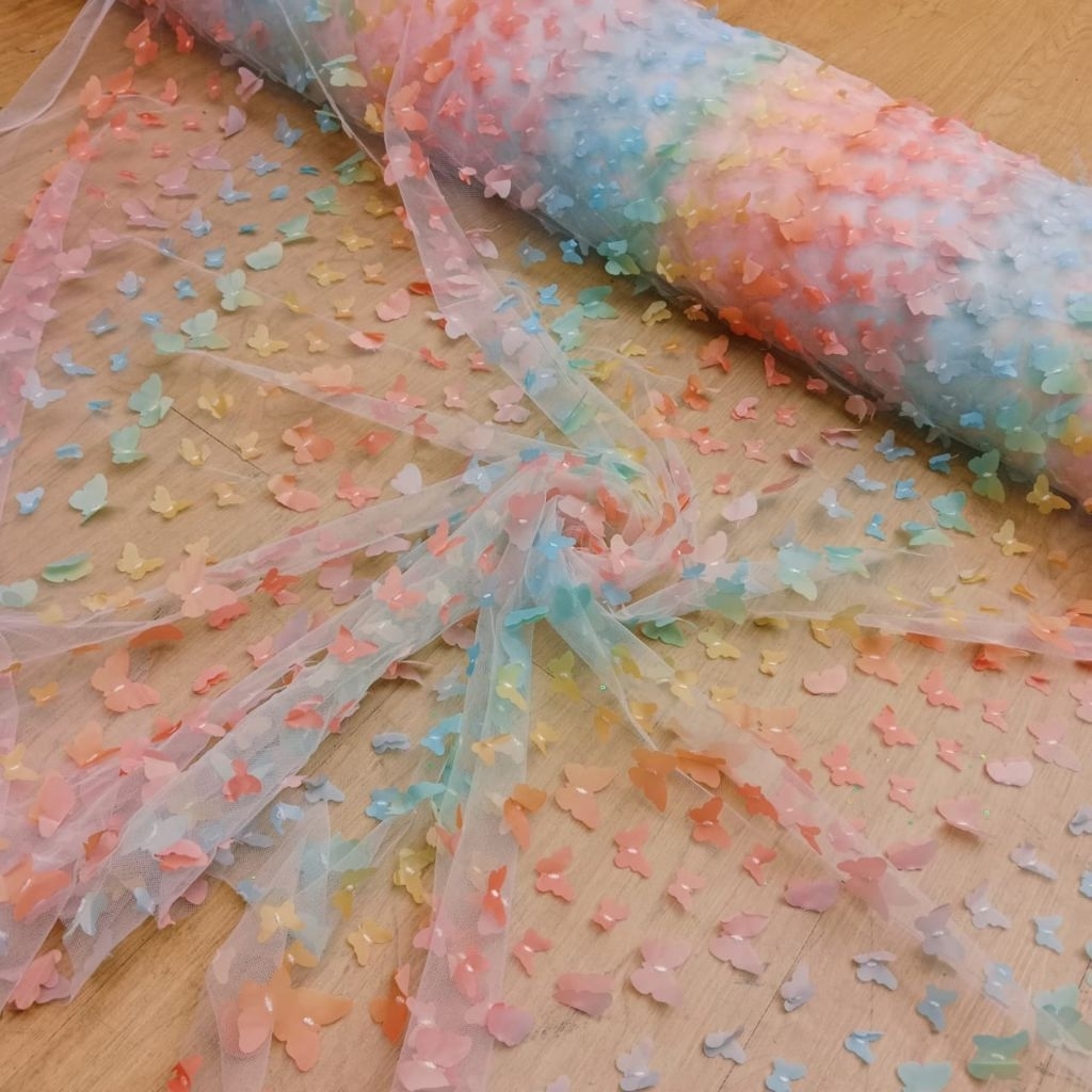 KAIN/BAHAN TILLE 3D MOTIF KUPU2/Tille 3D Timbul Kupu" Rainbow