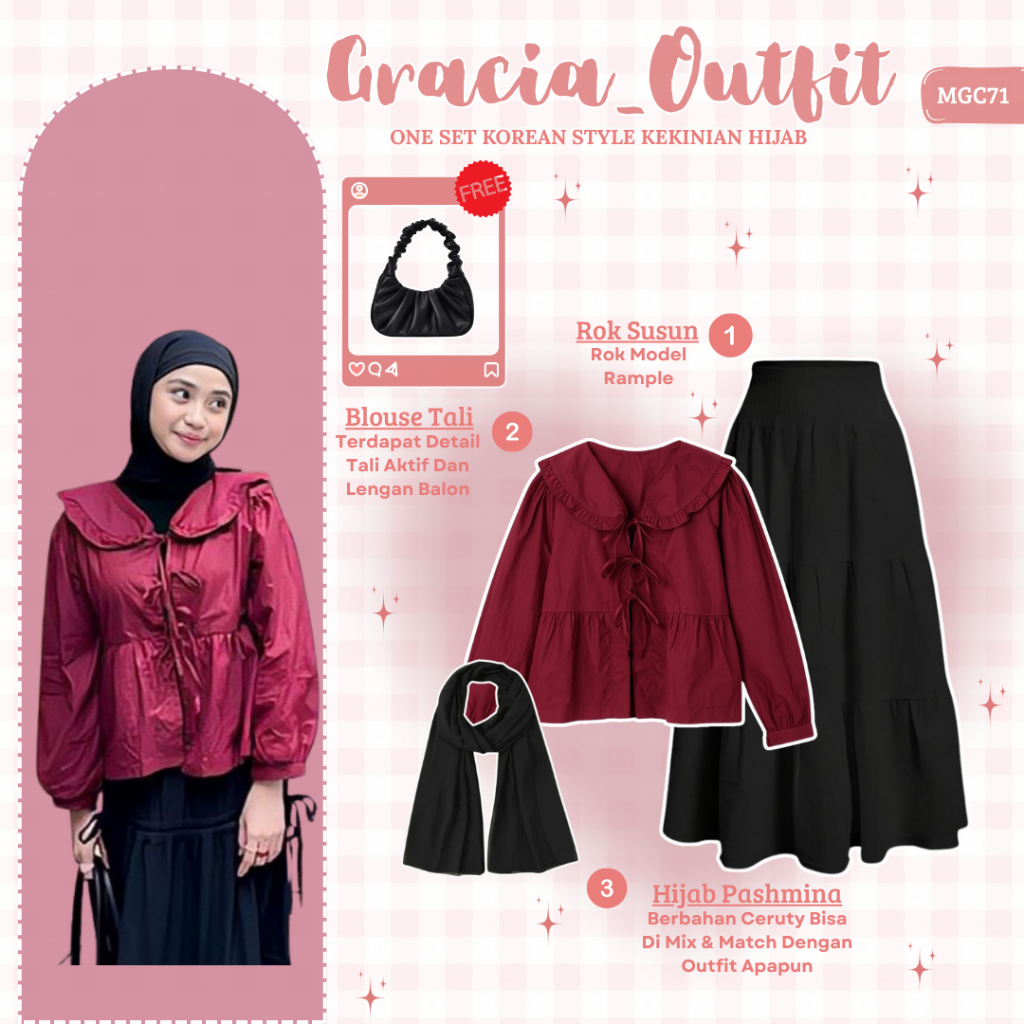 Hijab Style Outfit Korea | Shoulder Bag, Hijab Pashmina Ceruty, Blouse Pita, Rok susun | Outfit Hija