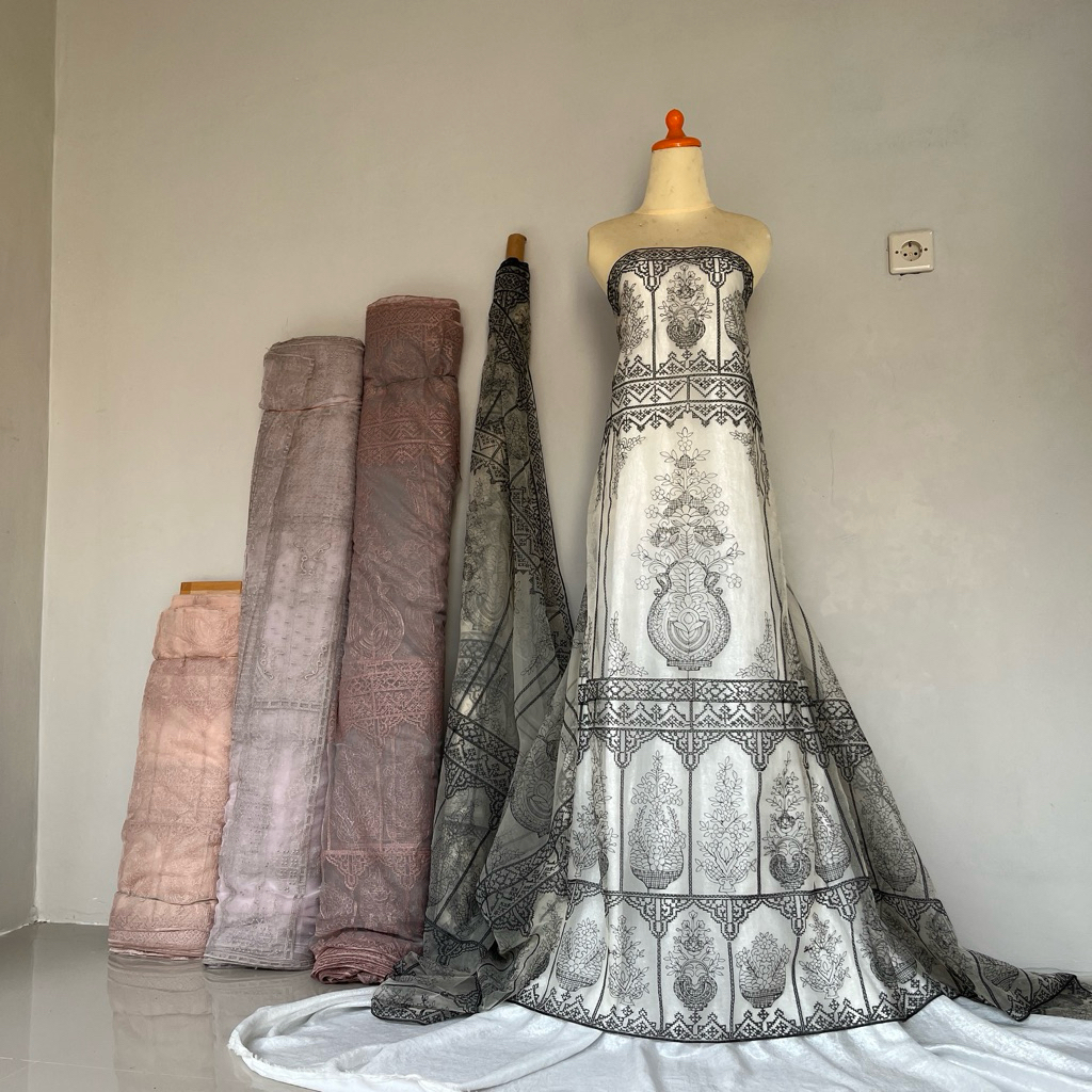 Kain Organza Etnik Bordir | Bahan Organza Silk Bordir Motif Etnik