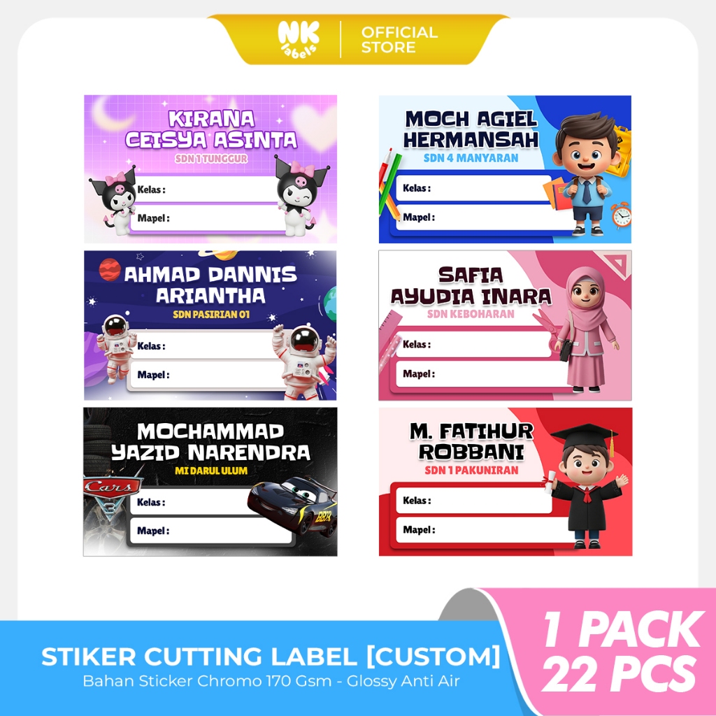

Stiker Label Buku Pelajaran Custom Nama Dan Sekolah Bahan Bontak Glossy Anti Air - Karakter Anak 3D