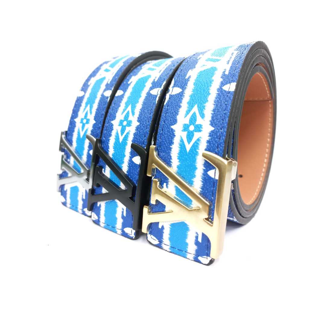 Sabuk Pria Premium LV Damier Blue – Gesper Logam Elegan Gold, Silver & Black
