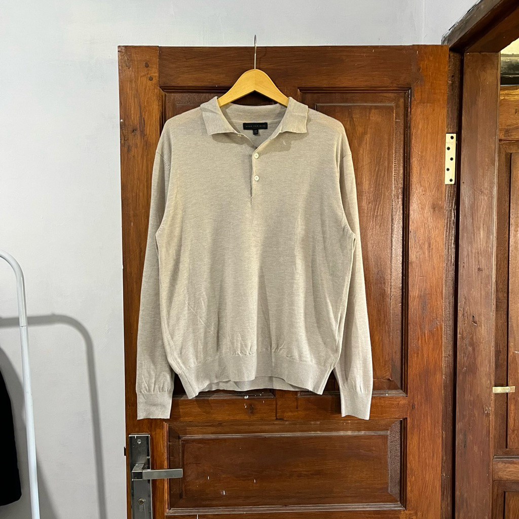 [L-XL] SPAO for Men Cotton Polo Long Sleeve - Beige |Vintage Vtg Retro Kemeja Garis-garis Salur Oute