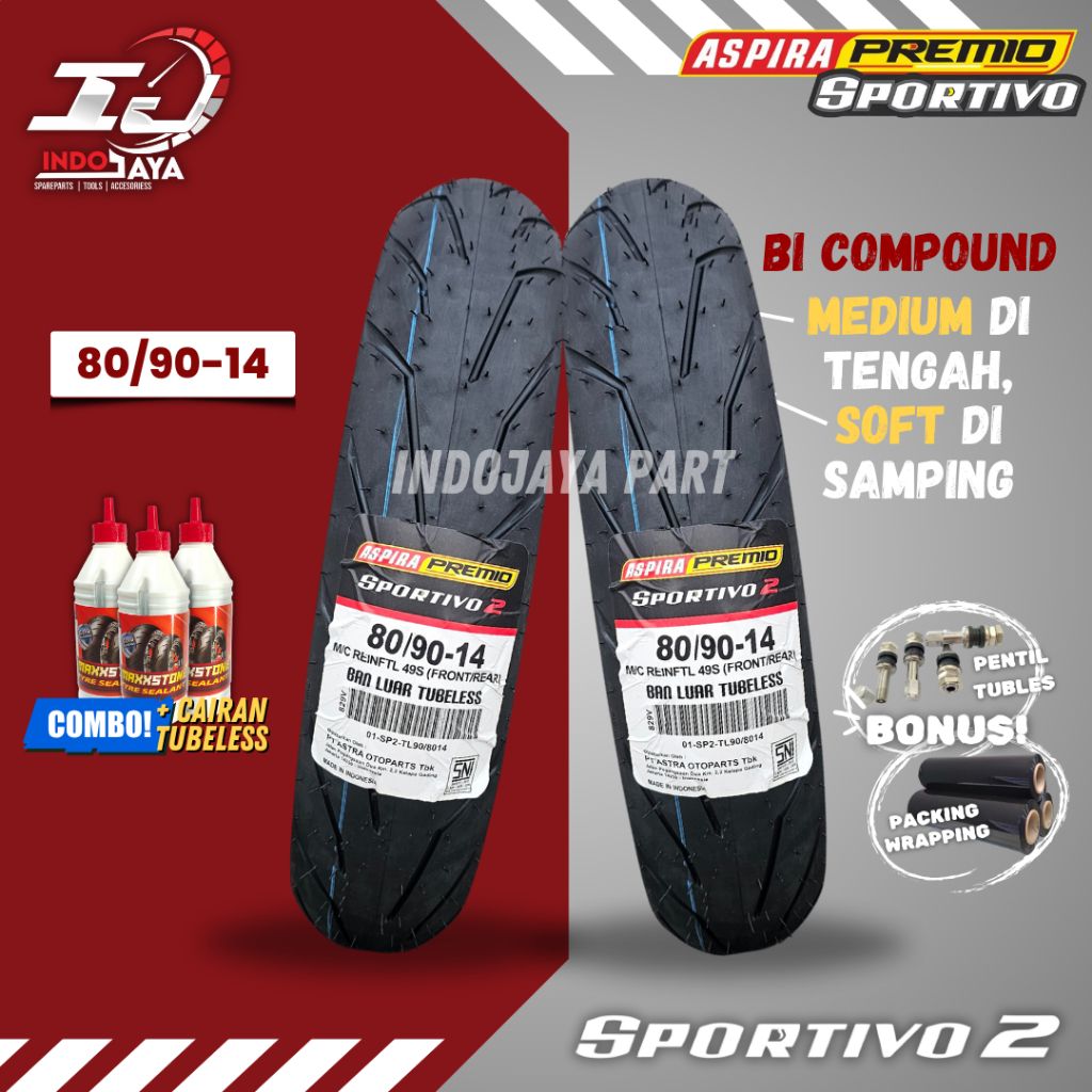 [PRODUK TERBARU] BAN LUAR ASPIRA PREMIO SPORTIVO 2 (80/90-14) BAN LUAR TUBELESS PREMIO / DEPAN BELAK