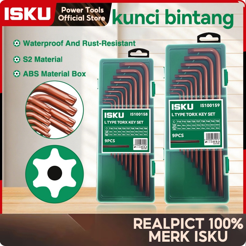 ISKU Kunci L Set 9 Pcs Bintang Torx Bulat Hex Bola Material Baja S2 Torsi Badak Anti Slek Alat Buka 