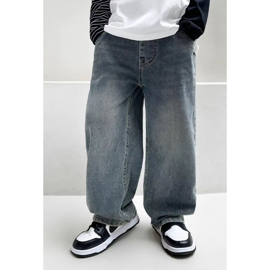 Celana Jeans Baggy Anak Skena Tanggung SMP Gombrong Unisex Gaya Retro Wisker Vintage