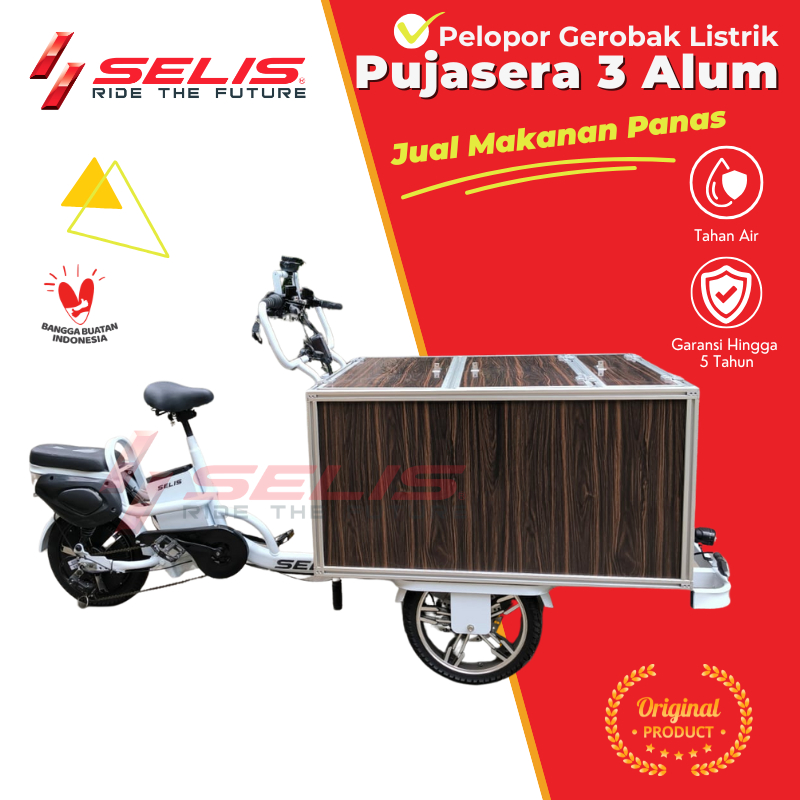SELIS - Gerobak Listrik Pujasera 3 Box Aluminium ( Gerobak Sepeda Listrik / Gerobak Kopi / Gerobak S