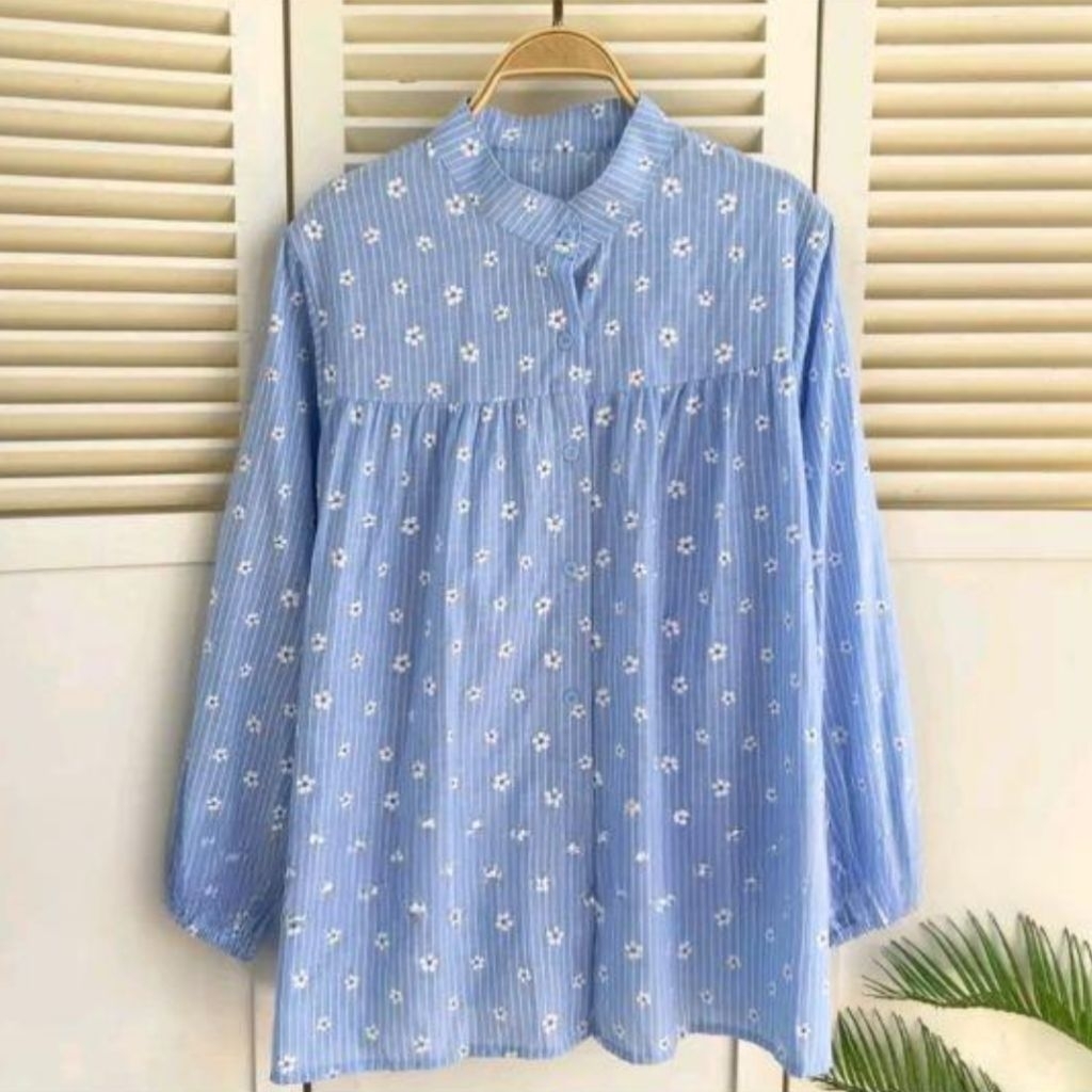 Kemeja Salur Wanita Korean Look Atasan Panjang Motif Kancing Baju Katun Linen Oversize