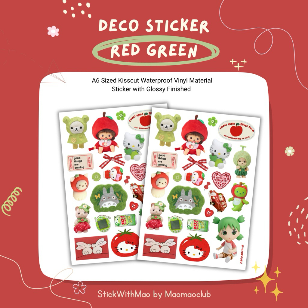 

Red Green Trinkets Deco Sticker Sheet (Bebichhichi, Apple, Sylvanian, Hello Kitty) for Journal Journaling by StickWithMao
