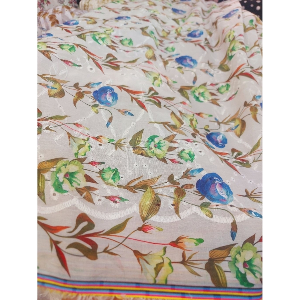 kain katun bordir Premium  - kain katun bordir motif bunga  - kain katun bordir butik ( by-001 )