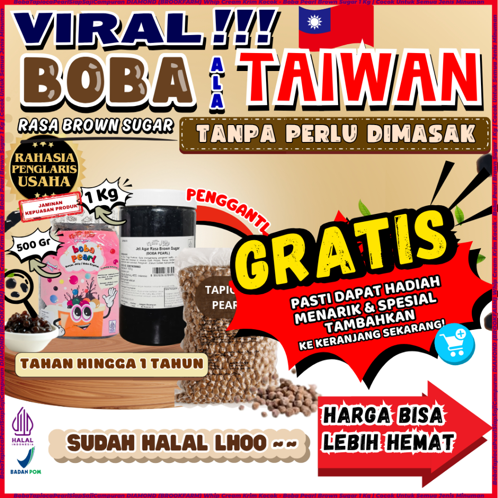 

BobaTapiocaPearlSiapSajiCampuran DIAMOND (BROOKFARM) Whip Cream Krim Kocok - Boba Pearl Brown Sugar 1 Kg | Cocok Untuk Semua Jenis Minuman