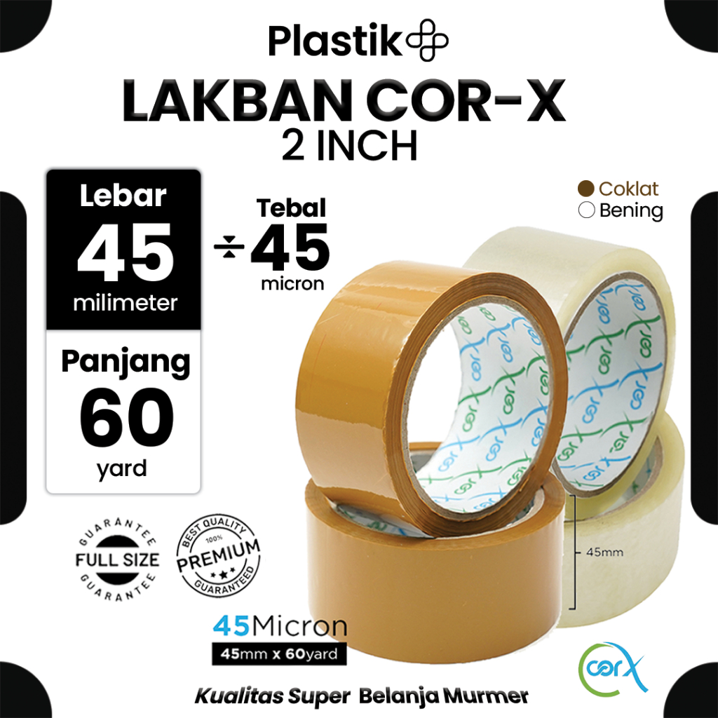 

Lakban / Selotip Spek. Daimaru Merek CorX Bening dan Coklat 2inch 45mm x 60yard Harga Satuan Ecer