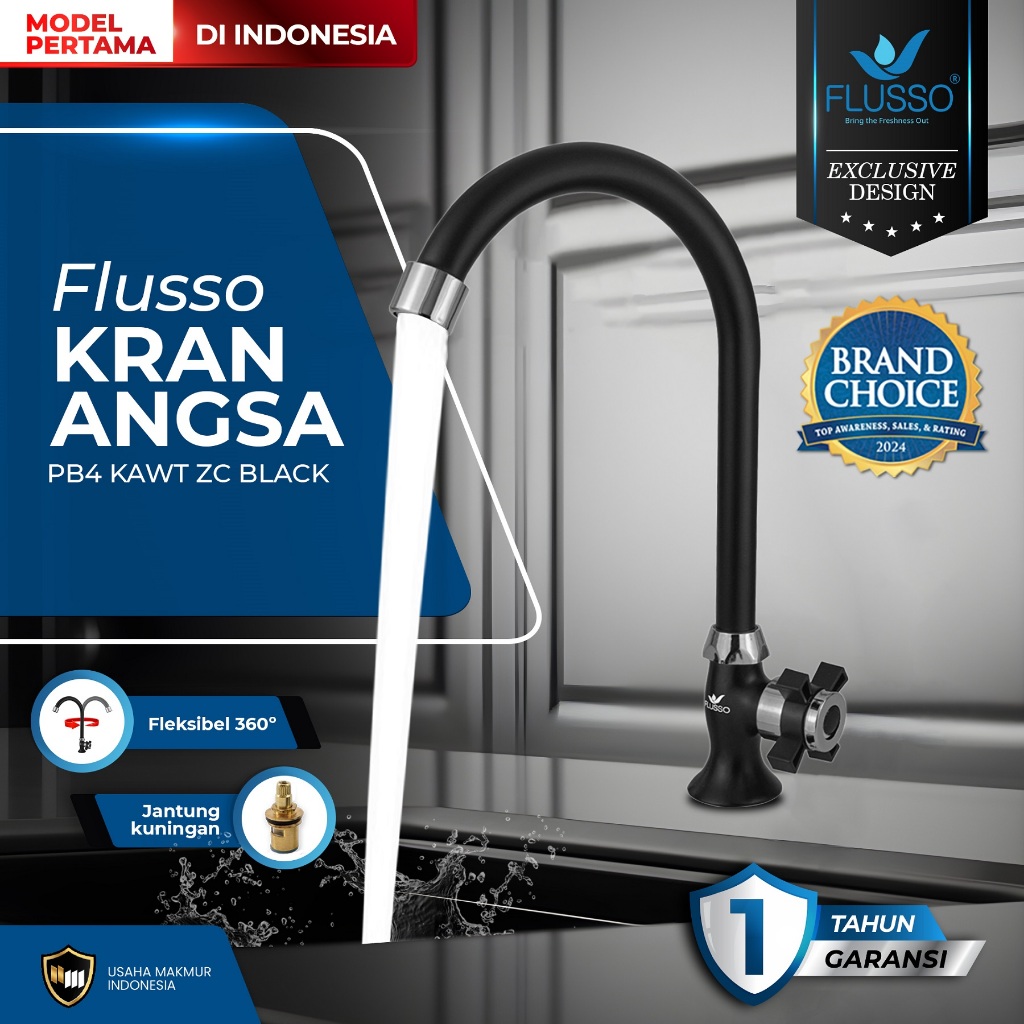 FLUSSO Kran Angsa Wastafel Black | Kran Cuci Piring Angsa 1/2 Inch Jantung Kuningan  856
