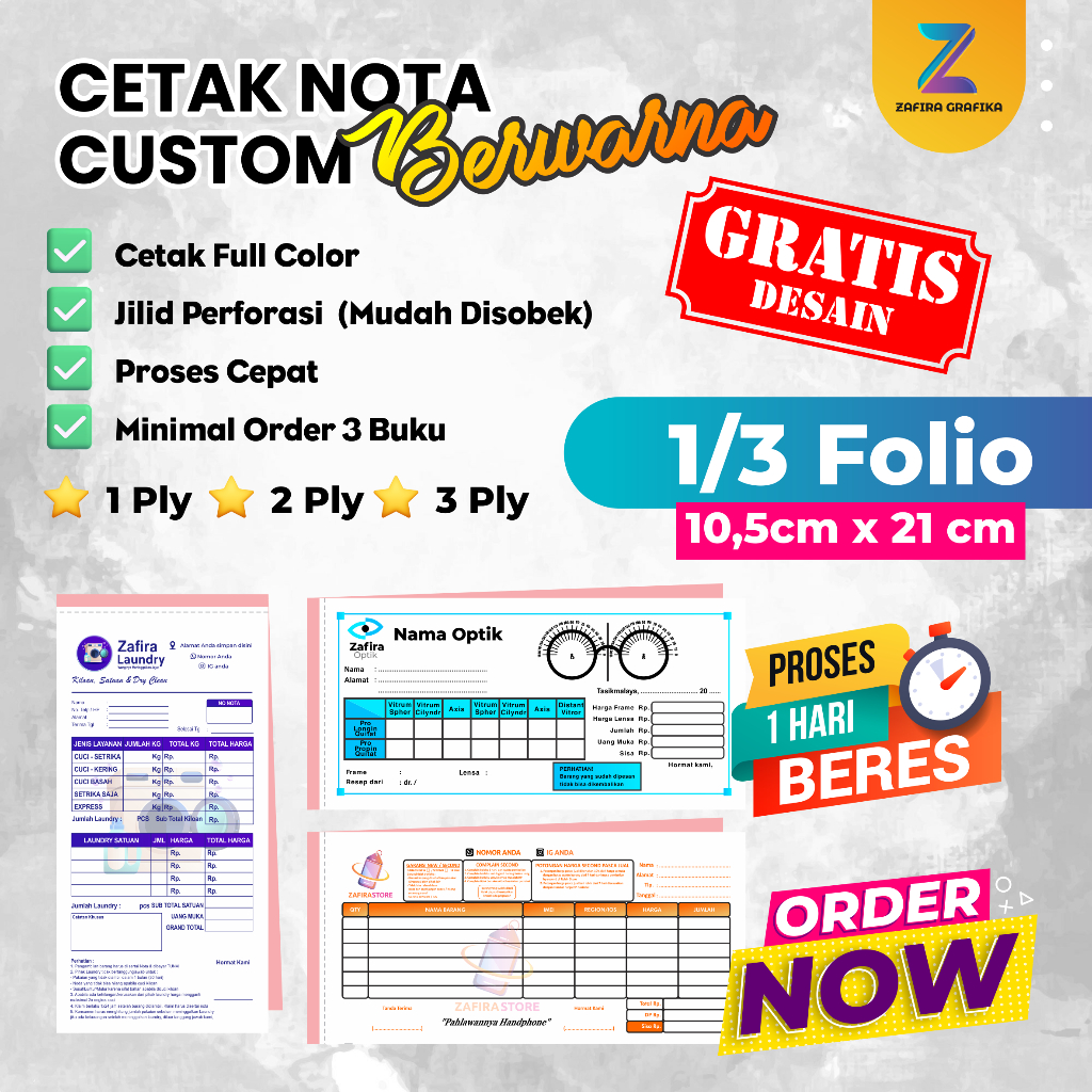 

Cetak Nota Custom Satuan per Buku Murah, 1/3 Folio 1,2,3 ply Gratis Desain Kwitansi Invoice Faktur