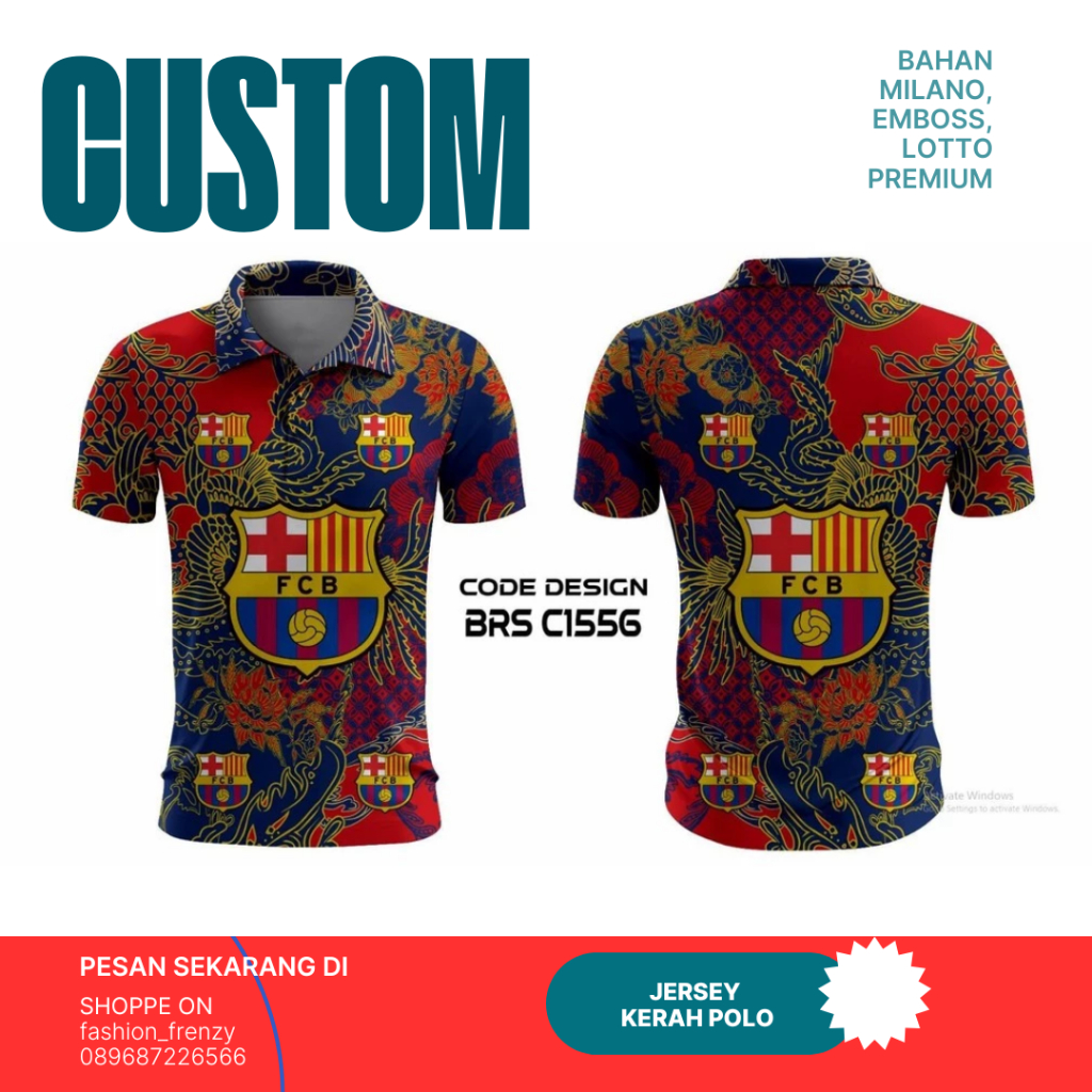 Kaos Jersey Batik motif Barcelona - Polo Full Printing - Emboss - BRSC1556 FO