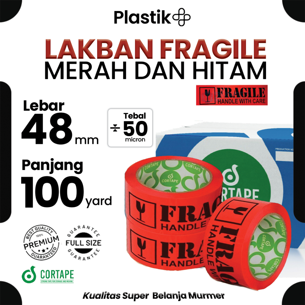 

Lakban / Selotip / OPP Tape Printing Fragile Hitam Merah Rusfet 2inch 48mm x 100meter harag Satuan