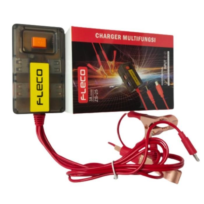 Charger HP Dari Arus Aki Casan HP Dari Aki Motor FLECO ZS-25 dengan 8 PORT USB + KABEL CABANG 2 (Mic