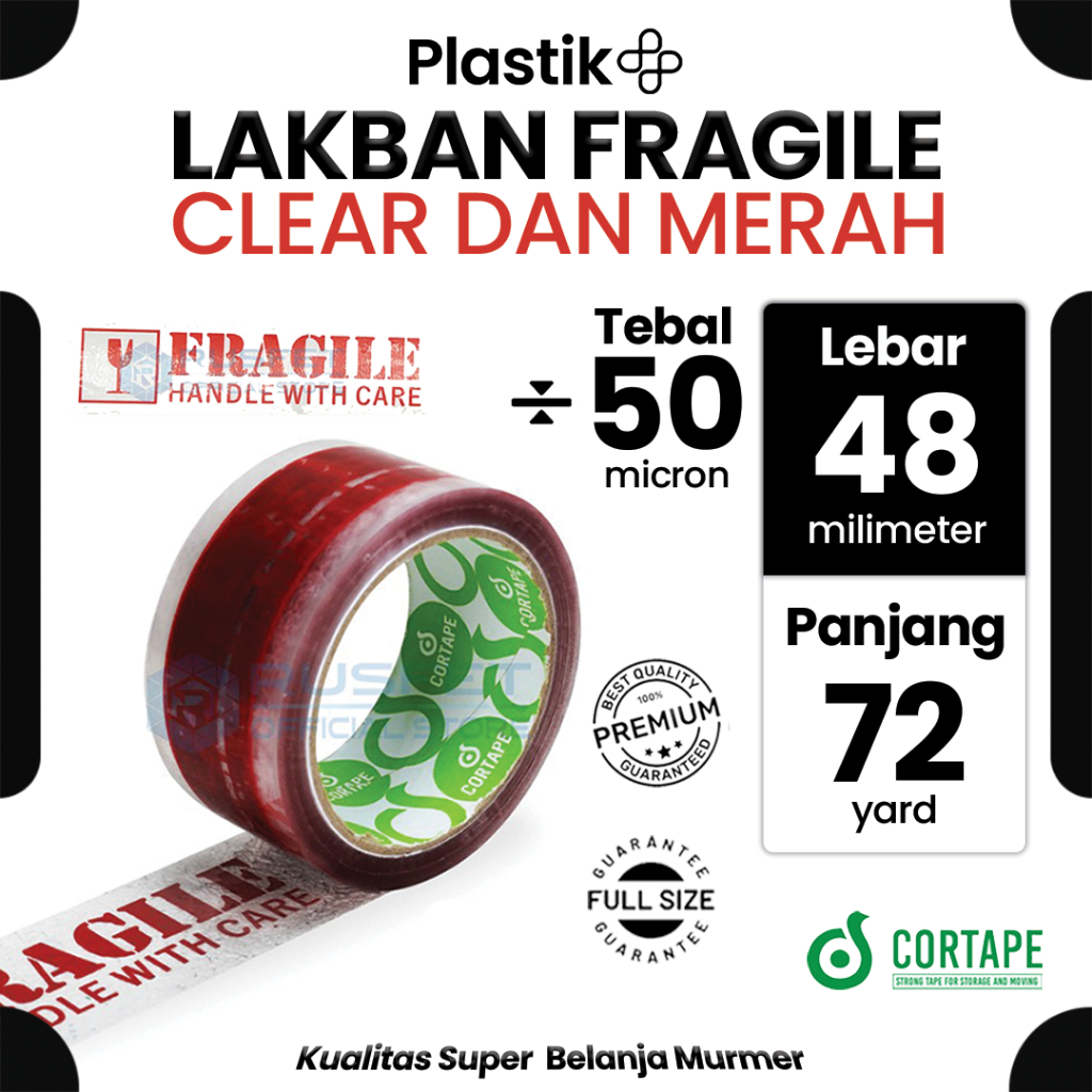 

Lakban / Selotip / OPP Tape Printing Fragile Clear Bening 2inch 48mm x 72 yard Cortape Harga Satuan