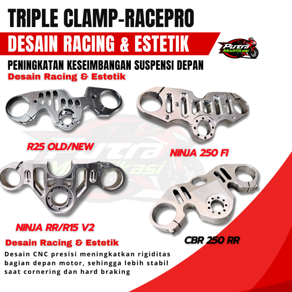 RACEPRO TRIPLE CLAMP CBR250RR NINJA 250 CBR 150 NINJA 250 R15 V3/V2  SEGI TIGA STANG MOTOR SPORTS