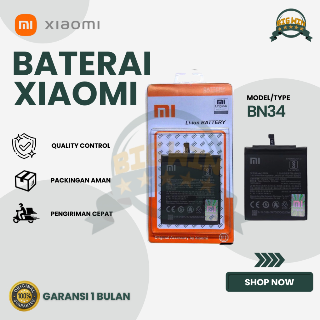 BATERAI BATTERY XIAOMI BN34 XIAOMI REDMI 5A DOUBLE [IC POWER] ORIGINAL