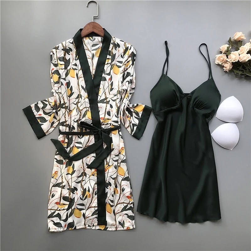 Piyama Seksi Wanita Sutra Es - Setelan Dress Tanktop + Robe Lengan Panjang/One Set Wanita Kekinian/S