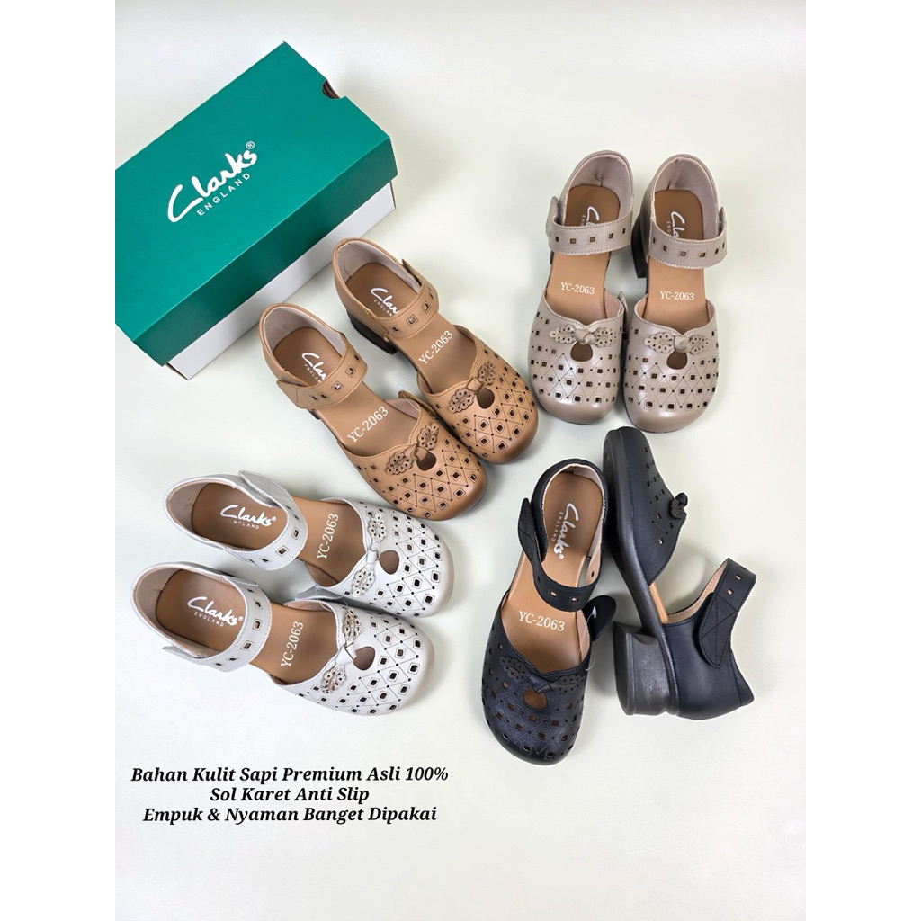 Sepatu Kulit Clarks YC-2063 Strap Block Heels 4cm Wanita Cewek Perempuan