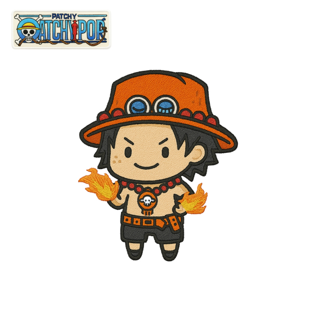 Iron Patch Bordir One Piece Ace – Emblem Jahit/Tempel untuk Jaket, Tas, Topi, Kostum