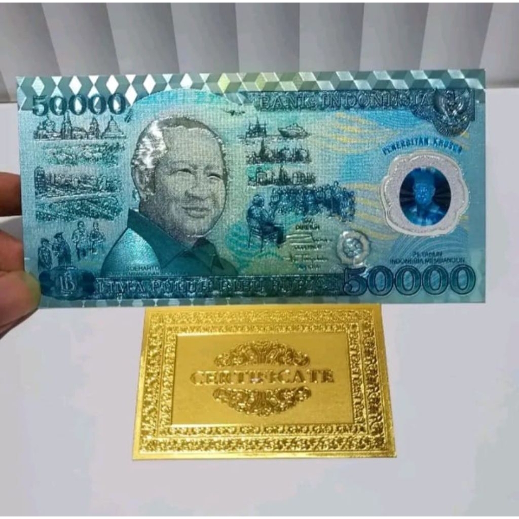 uang 50000 soeharto gold foil + sertificate gold foil