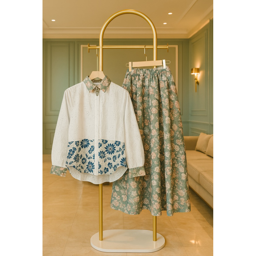 Set Rok Kemeja Blouse Bahan Katun Bolong Premium Mewah