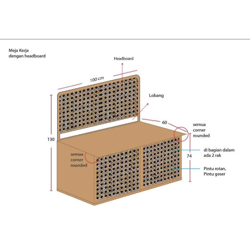 Meja Kerja Custom Kayu Jati Rotan