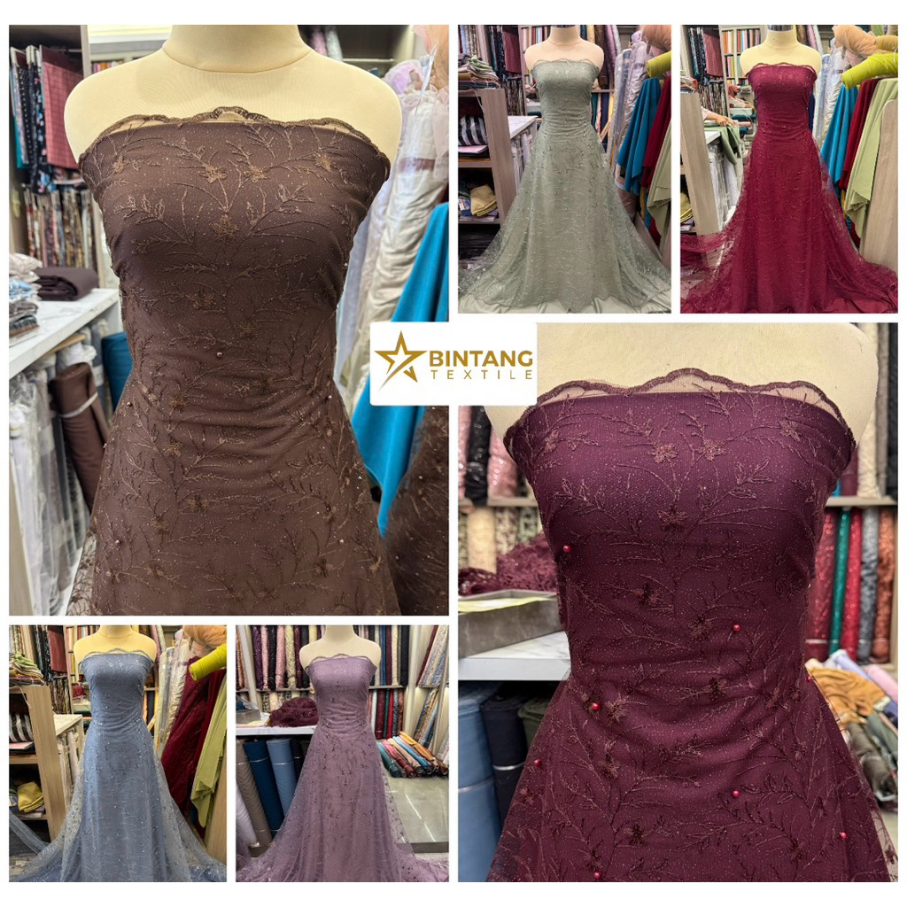 Kain tile brokat bordir mutiara glitter Carla / bahan gamis kebaya tunik atasan