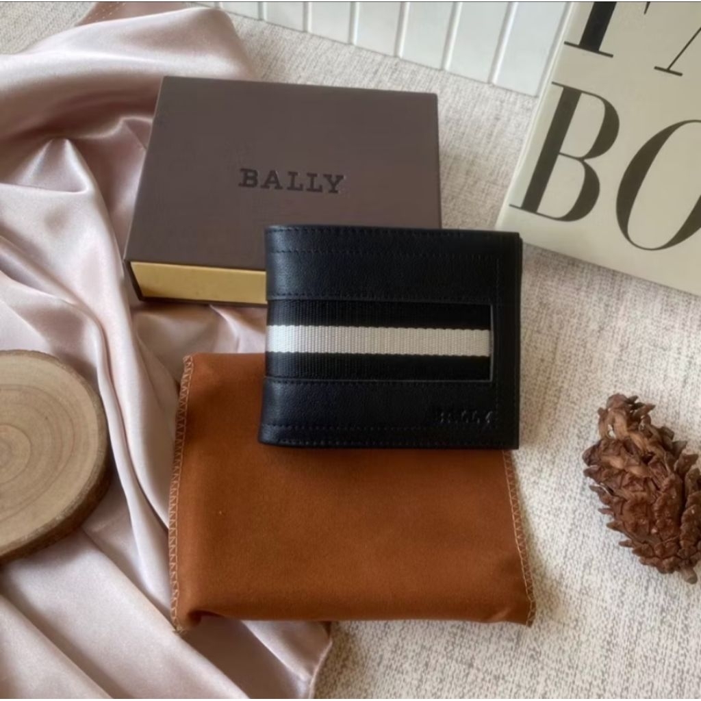 Dompet BALLY Stripped Man Wallet Bifold model lipat Bahan KULIT